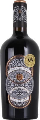 A bottle of red wine against a white background.