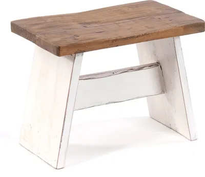 A wooden stool with a brown top and white legs, shown against a white background.