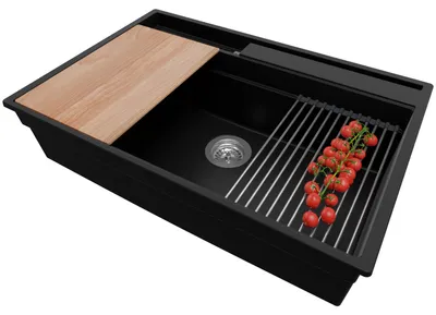 Produktbild von PRIMAGRAN Spülbecken Schwarz 78x53cm, Granitspüle 1 Becken + Ablauf-Set + Küchenzubehörset, Küchenspüle ab 80er Unterschrank - Oslo Pocket