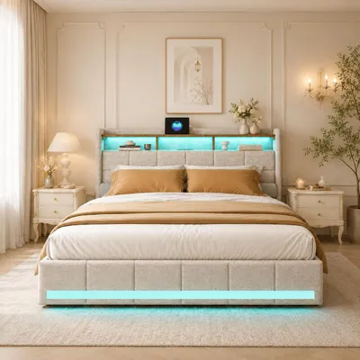 Immagine prodotto di Letto imbottito INONEFT, 180x200 cm, con illuminazione LED e prese USB, letto matrimoniale per ragazzi con 4 cassetti e 3 vani portaoggetti, tessuto in lino, color beige, Immagine generata dall'IA