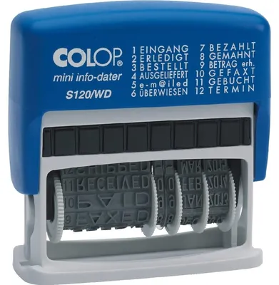 Zdjęcie produktu dla Colop S 120/WD, Samotuszujący, Tekst/Datownik, 4 x 42 mm, Niebieski, Biały, Plastik, Czarny