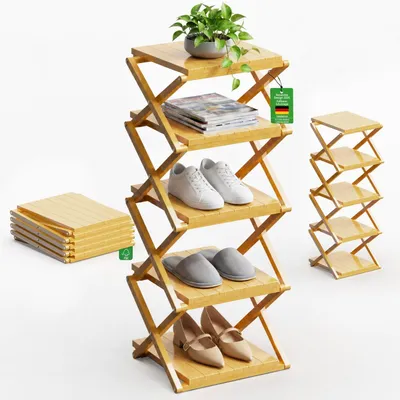 Immagine prodotto di Scaffale pieghevole per scarpe, 5 ripiani, in bambù, salvaspazio e multifunzionale