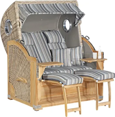Produktbild von SunnySmart Garten-Strandkorb Rustikal 500 PLUS TEAK COMFORT 3/4-Liegemodell 2-Sitzer XL antikweiß/grau/taupe