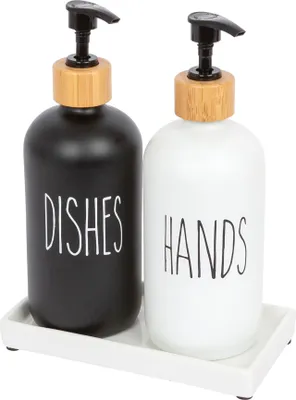 Produktbild von Harbor Housewares 2-teiliges Glas-Hand- und Spülseifenspender-Set mit Keramikschale – 500 ml – Weiß/Schwarz