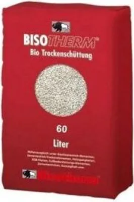 A red bag of BISOTHERM Bio Trockenschüttung, a product for insulation or construction.