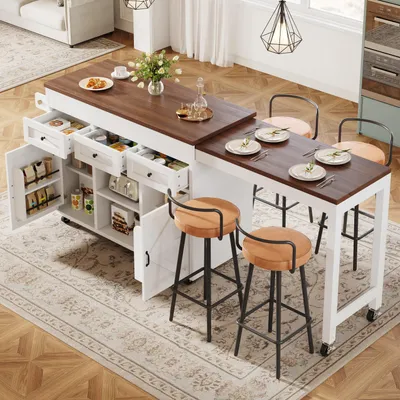 Immagine prodotto di Isola da cucina Flieks con spazio contenitivo, carrello da pranzo, girevole a 360°, con cassetti e armadietti, carrello da cucina 131,5(210)x40x92 cm, bianco