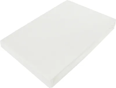 A white fitted sheet is shown from a diagonal angle on a white background.