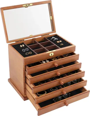 Imagen del producto de Caja de madera vintage para joyería – Almacenamiento de joyas – 6 niveles – Con espejo – Cerradura con llave – Forro de terciopelo – Gran capacidad – 31,5 x 24,5 x 20 cm – Color marrón claro