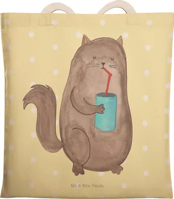 Produktbild von Mr. & Mrs. Panda Tote Bag Katze Dose - Gelb Pastell - Geschenk, Cats, Stofftragetasche, trinken, Kater, Beutel, shopping, Katzen, Einkaufstasche, Cat, Tasche, Durstig