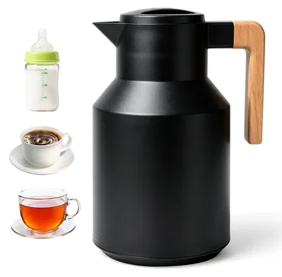 Thermoskanne 1 l, Edelstahl, doppelwandig, schwarz, mit Holzgriff