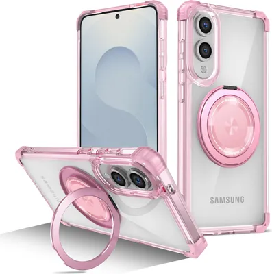 Produktbild von Handyhülle für Samsung Galaxy S25 Edge Magnetisches Ringhalter Ständer Kompatibel mit Magsafe Militärschutz Transparente Hülle Pink