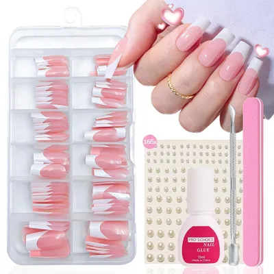 Image de Ensemble de 120 faux ongles, type "tips", pour une manucure française, couverture complète, courts, carrés, blancs, en forme de trapèze, avec colle