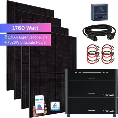 Produktbild von MyVoltaics® 1760 Watt Balkonkraftwerk SET MIT SPEICHER Marstek Venus D 0-7,68 kWh, Smartmeter EcoTracker IR inklusive, maximale Ladepower mit 4000 Watt, notstromfähig bis 2500 Watt, Stecker PV Solaranlage ohne Zusatzakku