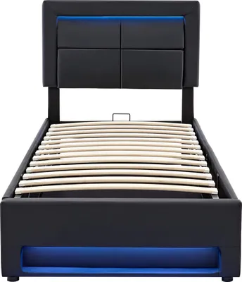 Produktbild von Polsterbett 90 x 200 cm, mit USB-Anschluss , mit LED-Beleuchtung und Stauraum, ohne Matratze, PolyurethanLitschi-Muster , Schwarz