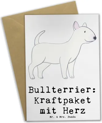 Produktbild von Mr. & Mrs. Panda Klappkarte Bullterrier Kraftpaket - Weiß - Geschenk, freundliche Hunde, einladungskarten, Stärke, Hunderassen, Beschreibung, Energie, hochzeitskarten