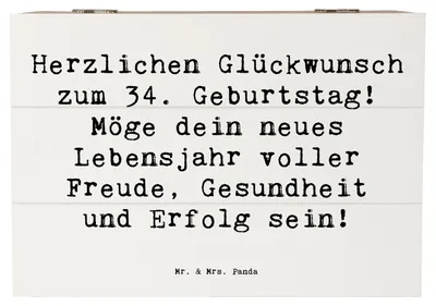 Produktbild von Mr. & Mrs. Panda Truhe Spruch 34. Geburtstag 22 x 15 cm - Weiß - Geschenk, Kiste mit Deckel, Erfolg, Gesundheit, Happy Birthday, Meilenstein, Freude, fotobox, Geschenkbox
