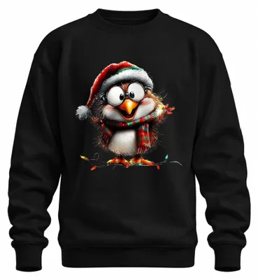 Imagen del producto de Camiseta de cuello redondo o suéter uni, diseño de búho navideño con luces, gafas y bufanda, color negro, talla S