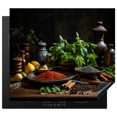 Produktbild von KitchenYeah© Herdabdeckplatte Stilleben - Kräuter - Schwarz , 58x51cm, Küche Deko, Glaskeramikkochfeld Herdabdeckung, Abdeckplatte fùr Kochfeld