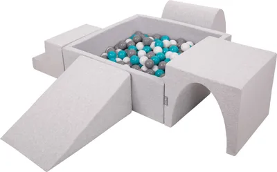 Produktbild von KiddyMoon spielplatz aus schaumstoff mit quadrat bällebad (300 bälle) ballgruben für babys spielbad hindernisläufen, hergestellt in der eu, hellgrau:grau/weiß/türkis