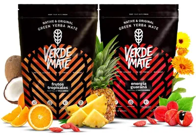 Produktbild von Verde Mate - Mate Tee Set Frutos Tropicales, Energia Guarana 2x500g - Dicke Blätter 5mm - Mild, Luftgetrocknet - Stark Belebend - Yerba Brasilien