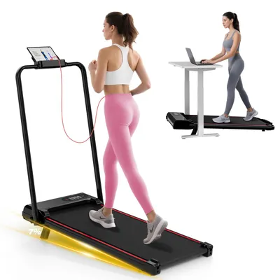 A collage showing two different ways to use a treadmill: one person running on a treadmill with a tablet, and another person walking on a treadmill while working on a laptop at a standing desk.