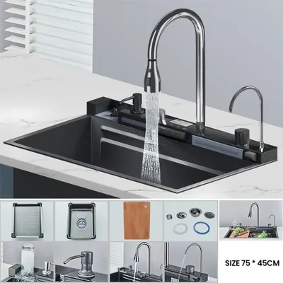 Produktbild von Küchenspüle - Einzelbecken 75x45 cm - Gusseisen - Wasserfallarmatur mit Digitalanzeige - Integrierter Seifenspender und Becherspüler - Schwarz