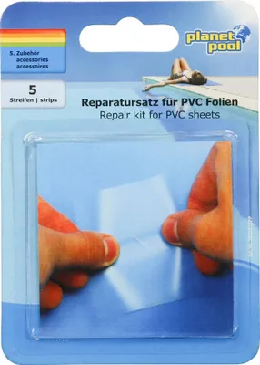 A package of pool repair patches with hands demonstrating their use.