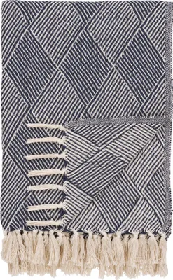 Produktbild von Modernes Plaid Izmir blau 130x180 cm mit Rautenmuster und Kontrastfransen