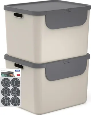 Produktbild von Rotho 2er-Set Mülltrennsystem je 55L Albula - Mülleimer mit Frontklappe - Abfalleimer 40,0 x 48,9 x 34,0 cm - Müllbehälter mit Deckel und Griffen - Inkl. Aufkleberne