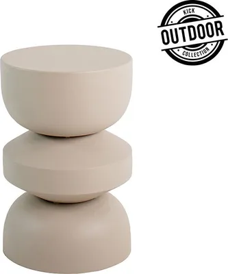 A beige side table with a unique, stacked design, presented on a white background with a marketing logo in the upper right corner.