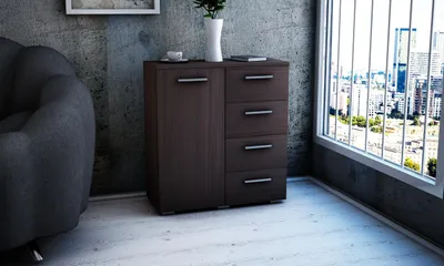 Produktbild von MATKAM Kommode Helena B80 x H84,5 x T35 cm, Sideboard mit 4 Schubladen und 1 Fächer mit Türen, ideal für Büro, Diele, Wohnzimmer (Wenge)