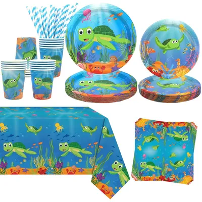 Productafbeelding van Omgoods - Turtles Feestdecoratie voor Verjaardagen met Borden, Bekers, Servetten en Tafellaken