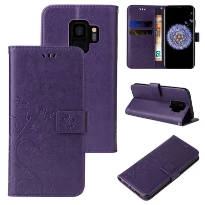Produktbild von Handyhülle für Samsung Galaxy S9 Floral Blumen Schmetterling Flip Cover Hülle Case Klapphülle Handytasche Farbe: Violett