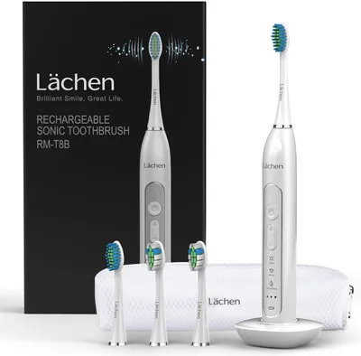 Produktbild von Elektrische Zahnbürste Schallzahnbürste mit 4 Aufsteckbürsten und Timer, 3 Modi & 3 Vibrationsstärken mit Reisetasche