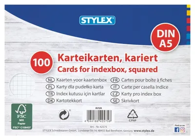 The back of a product package for index cards.