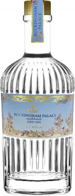 A clear, well-lit studio shot of a bottle of Buckingham Palace Dry Gin.