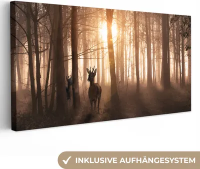 Produktbild von MuchoWow® - Leinwandbilder - Wald - Hirsche - Sonne - Bäume - Winter - Natur - Tiere, Wandbild, Wanddeko Bilder Wohnzimmer, 40x20 cm
