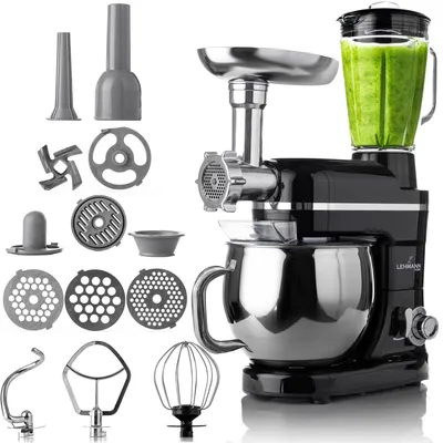 A black Lehmann Mastic planetary kitchen machine with multiple attachments and a blender filled with green liquid, displayed on a white background.