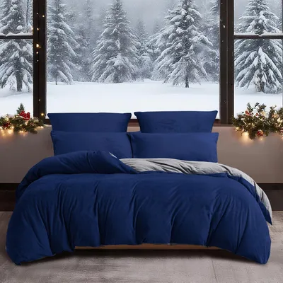 Immagine prodotto di Biancheria da letto invernale, 155x220 cm, blu scuro e grigio, set da 3 pezzi, in microfibra peluche con chiusura a zip
