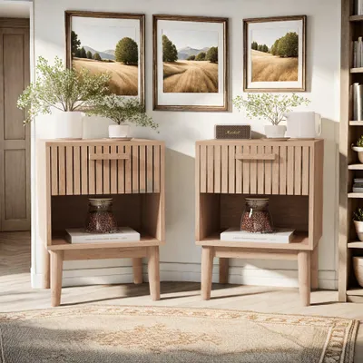 Image de UnboxG lot de 2 tables de nuit en bois, table de nuit avec 1 tiroir, couleur naturelle