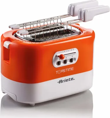 A studio shot of an orange and white Ariete toaster.