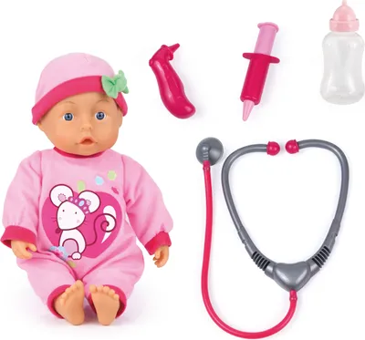 Produktbild von Bayer Design 93378AA Doktorpuppe, mit Babylauten, sprechend, Fläschchen, Arzt-Spiel-Set, Rollenspiele, 33cm, Rosa mit Mausmotiv