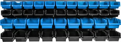 A wall-mounted storage system with multiple blue and black bins.