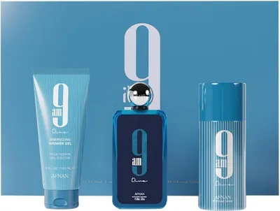 A product shot of a fragrance gift set against a blue background.