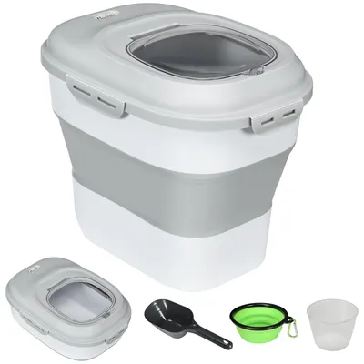 Produktbild von Hundefutter Behälter faltbar, luftdicht, Trockenfutter-Behälter mit Rollen, Grau | 25 L / 5 L | 44 x 32 x 37 cm | inkl. Näpfe & Schaufel