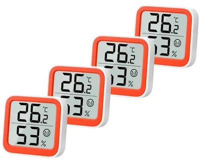 Produktbild von Feuchtigkeits- und Temperaturmesser – Mini-Raumthermometer – Messbereich: -9,9 bis 60 °C – 4 Stück – Orange
