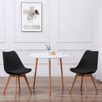 Produktbild von Essgruppe 3-teilig Runder Esstisch mit 2 Stühlen Weiß/Schwarz MDF/Kunststoff 80x80x75cm