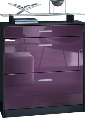 Produktbild von Vladon Schuhschrank Loret, Schuhkipper für 16 Paar Schuhe mit 2 Klappen und 1 Schublade und Glasablage, Schwarz matt/Brombeer Hochglanz (89 x 104 x 23 cm)
