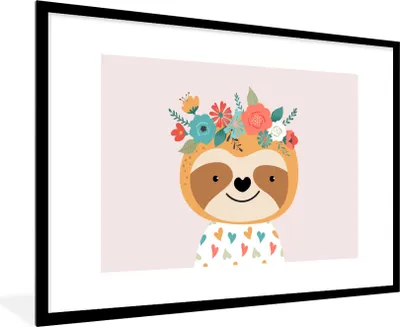 Produktbild von MuchoWow® Gerahmtes Poster Faultier - Blumen - Tiere 90x60 cm - Poster mit Schwarzem Bilderrahmen Wandposter Rahmen Foto Bilder - Wanddekoration - Fotos