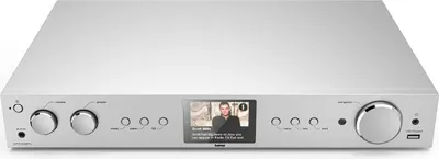 A silver Hama HiFi-Tuner DIT2105SBTX, DAB+/Internetradio is shown from the front on a white background. The device has a small screen displaying a person and text.